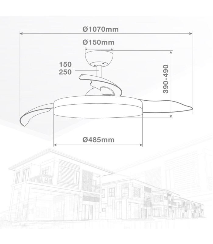 VENTILADOR DE TECHO TUNGATI NIQUEL GSC CON LUZ REGULABLE Y MANDO Ø107 3 ASPAS RETRACTILES