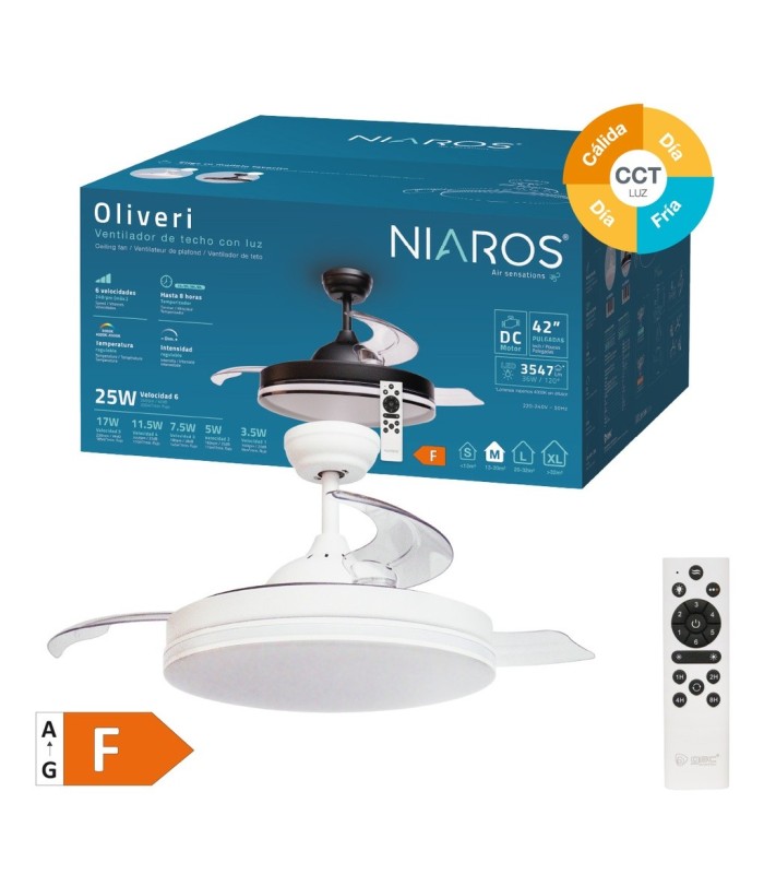 VENTILADOR DE TECHO OLIVERI BLANCO GSC CON LUZ REGULABLE Y MANDO Ø107 3 ASPAS RETRACTILES