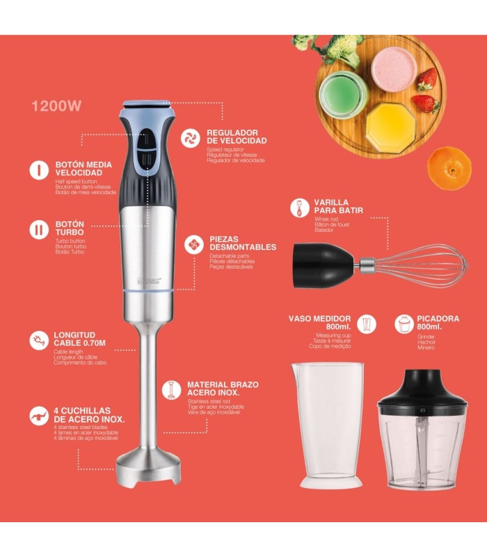 BATIDORA DE MANO ALIARA GSC 1200W - INCLUYE VASO MEDIDOR, PICADORA Y VARILLA PARA BATIR